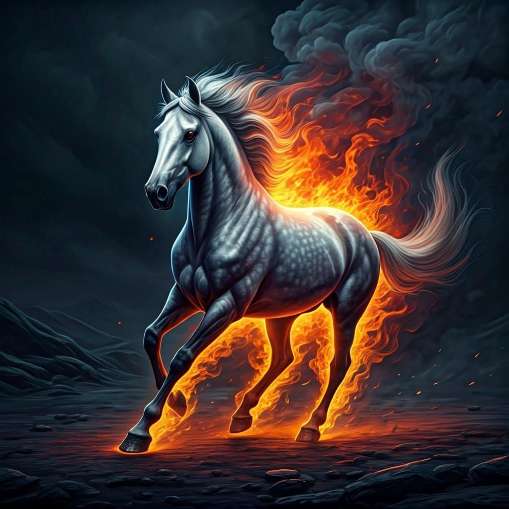 Majestic Gray Horse Galloping Engulfed in Flames