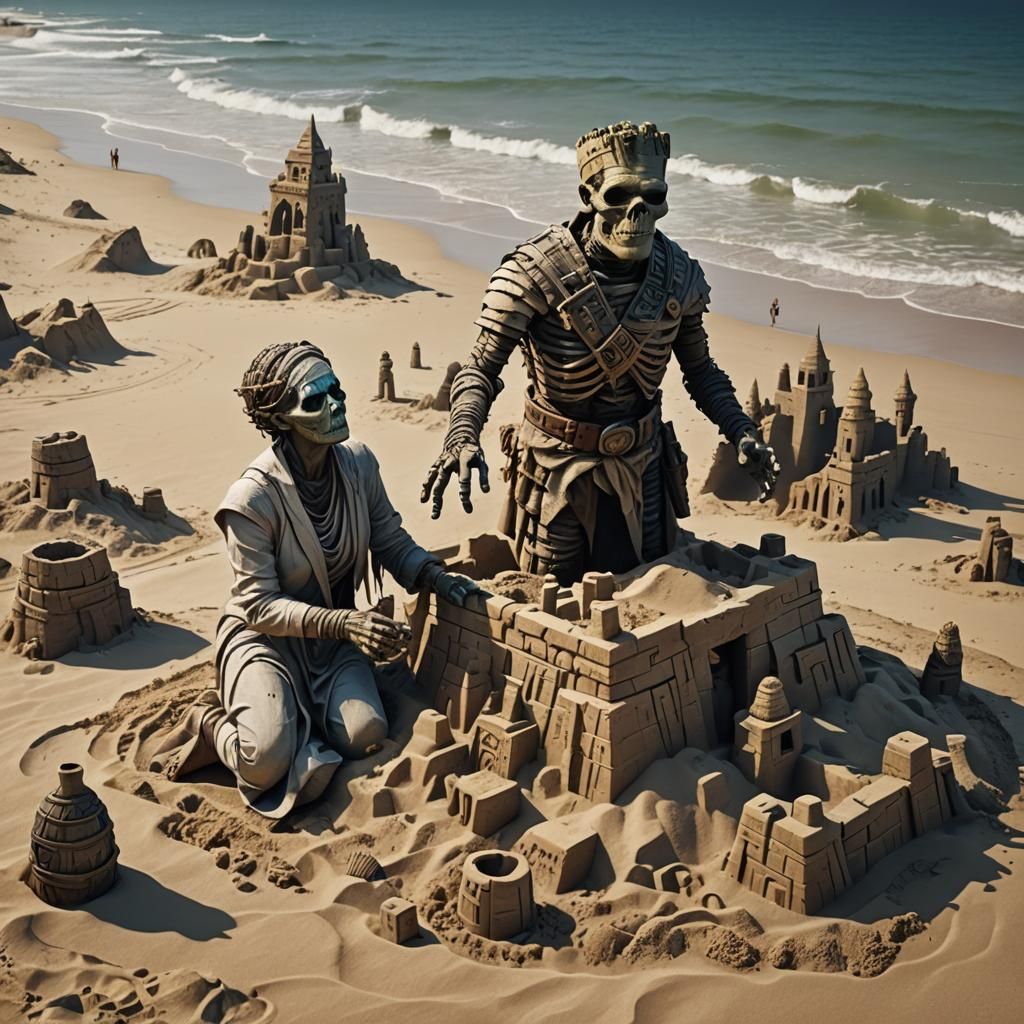 Frankenstein and friend making a sandcastle on the beach #1