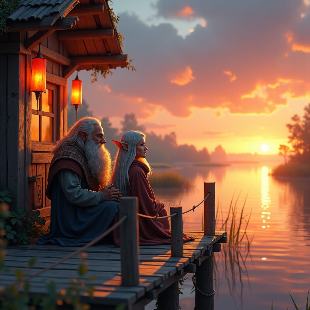 Dwarf and Elf Enjoy Sunset in Wetlands Home