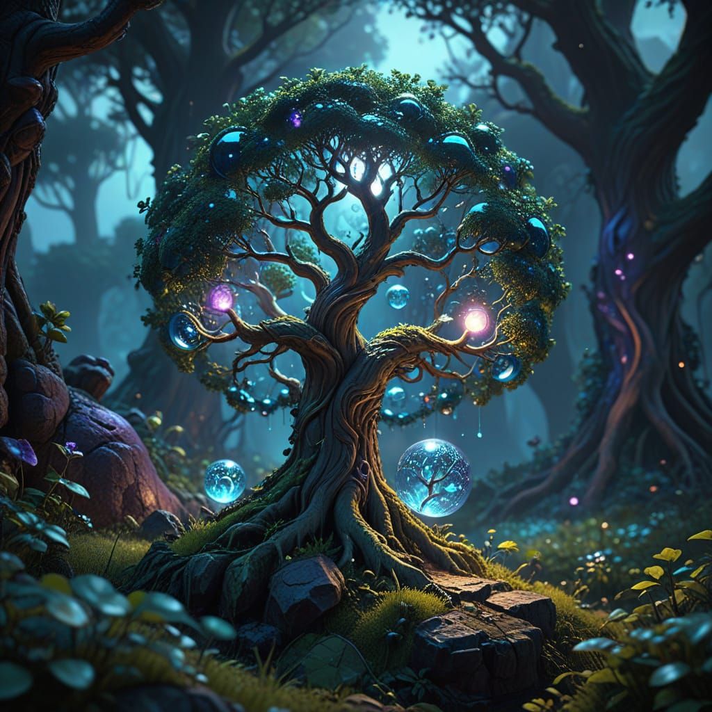 Enchanted Tree Blooms with Celestial Orbs in Whimsical Fanta...