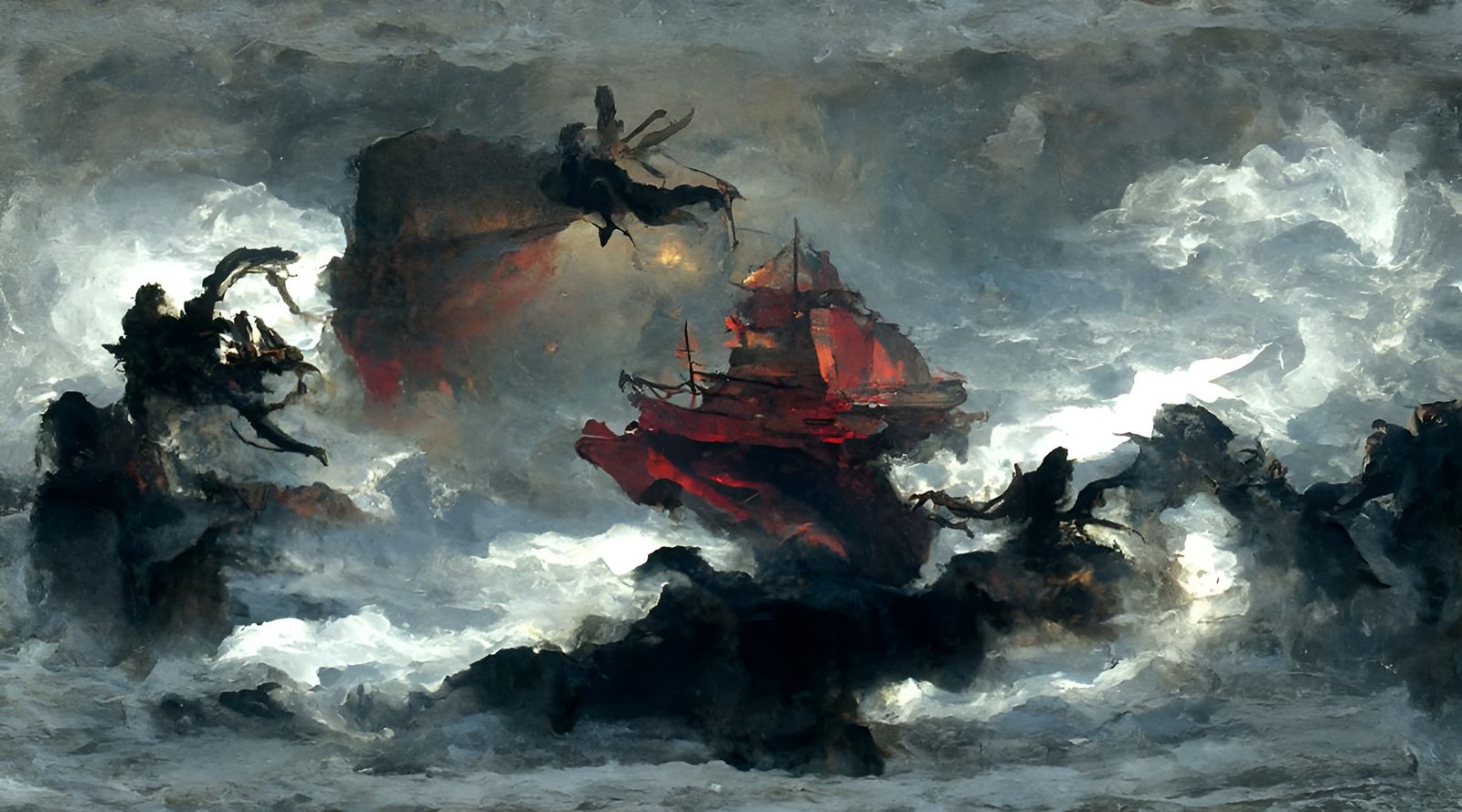 Red Demon Flies Above a Galleon at Night