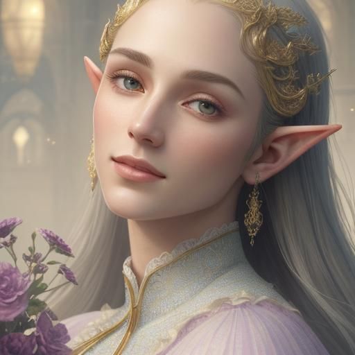 Ethereal Half-Elf Priest Portrait in Art Nouveau Style