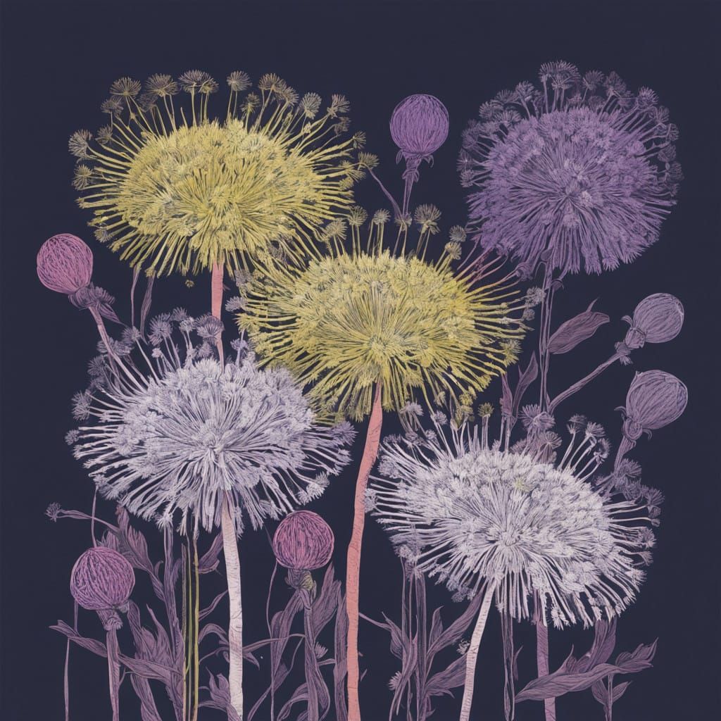 Delicate Dandelions in Vibrant Hand-Coloured Linocut