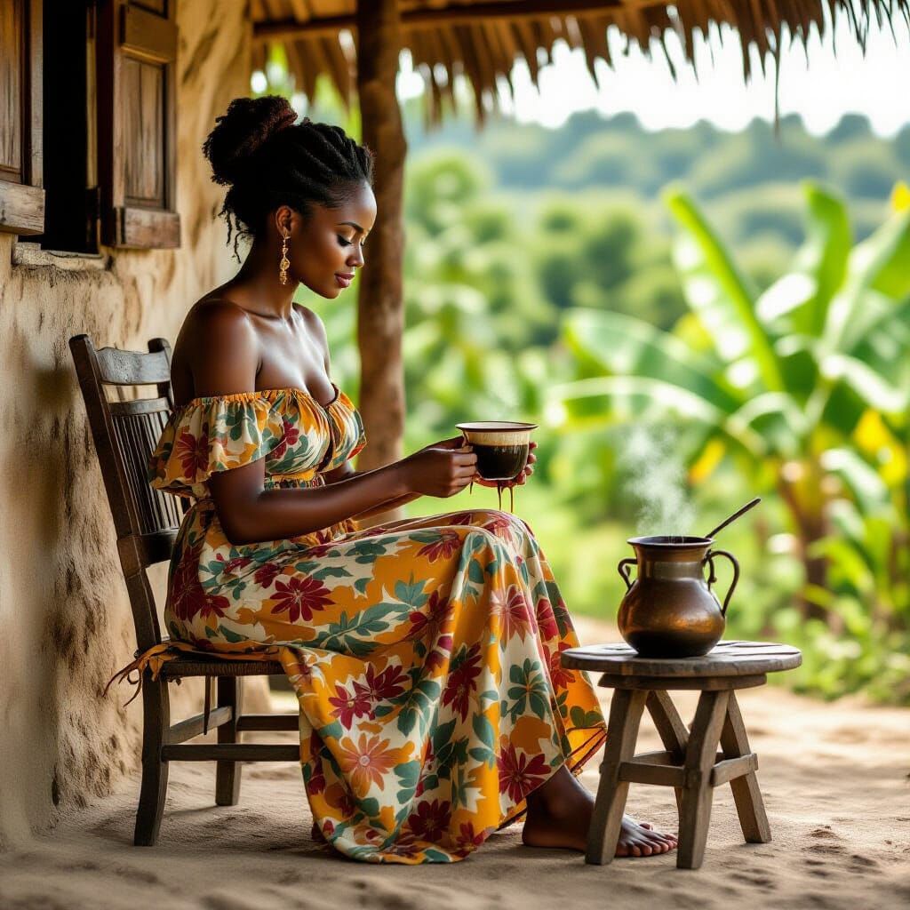 Caribbean Woman Prepares Coffee in Countryside Setting