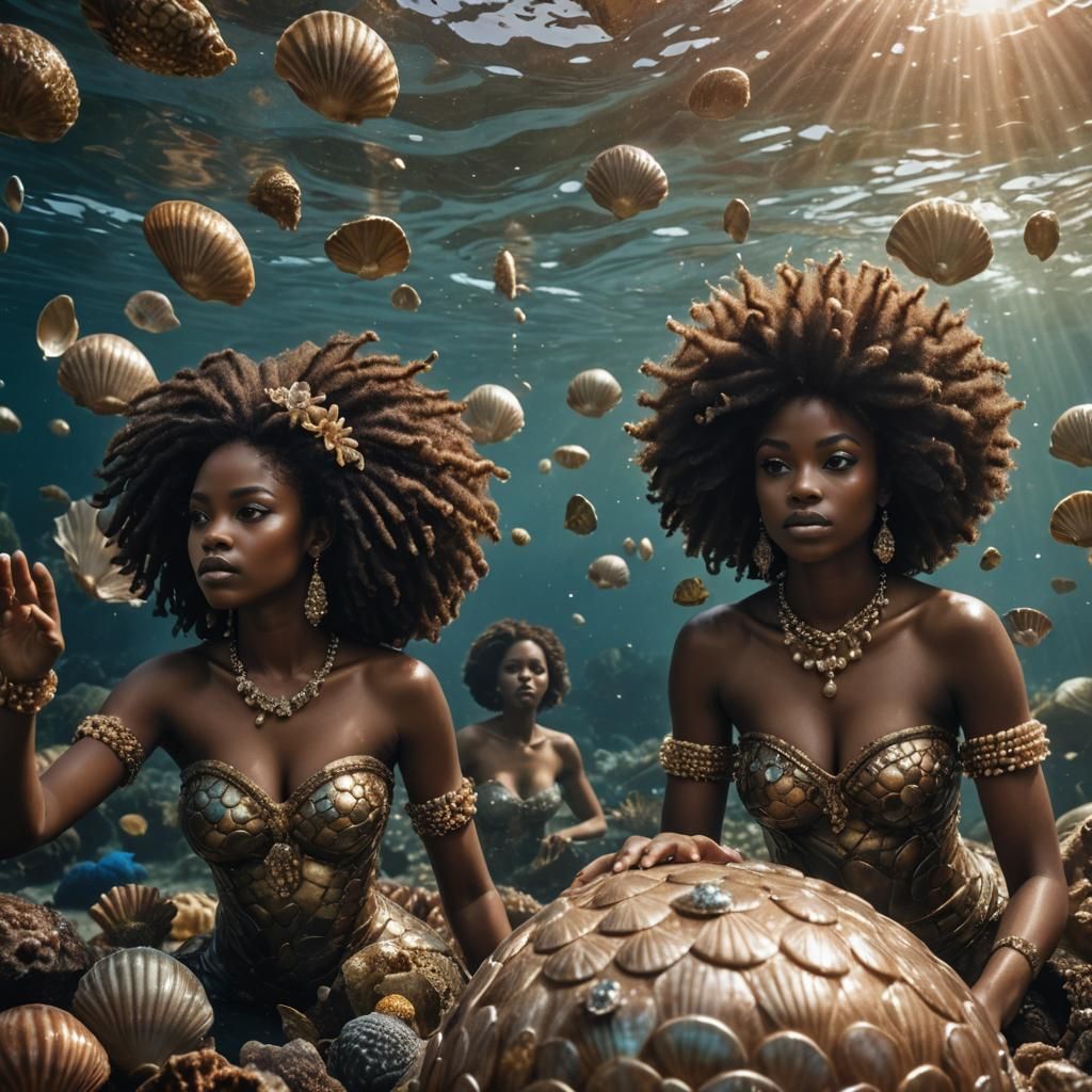 African Mermaids in Jeweled Shell: Hyperrealistic Underwater...