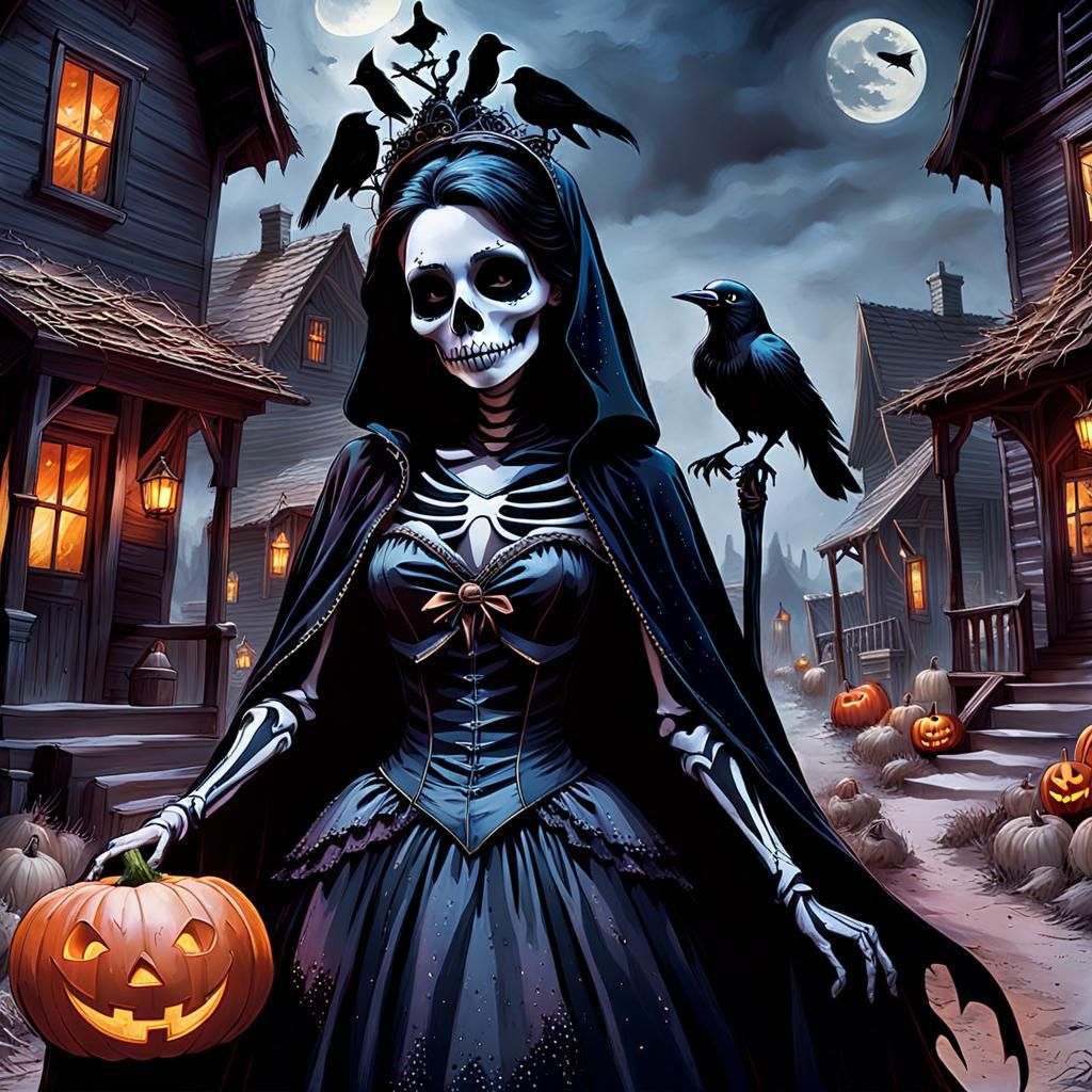 Eerie Skeletons Trick-or-Treat in Gothic Art Style