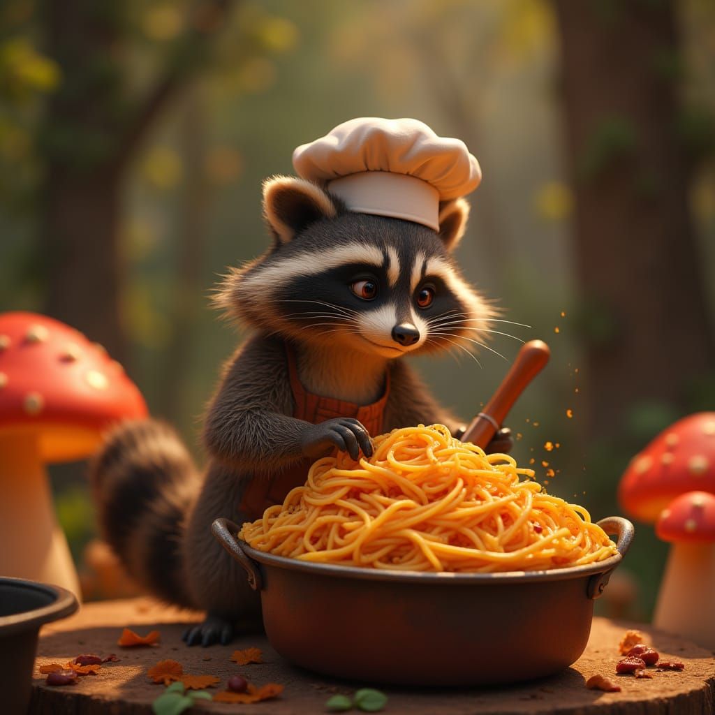 Raccoon Chef Stirring Spaghetti: Pixar-Style 3D Render