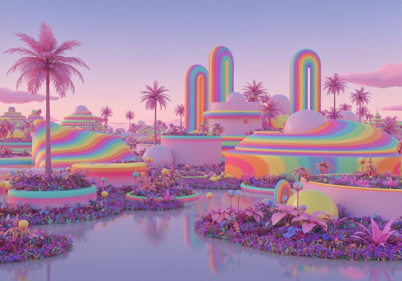 Vibrant Surreal Landscape with Rainbow Structures