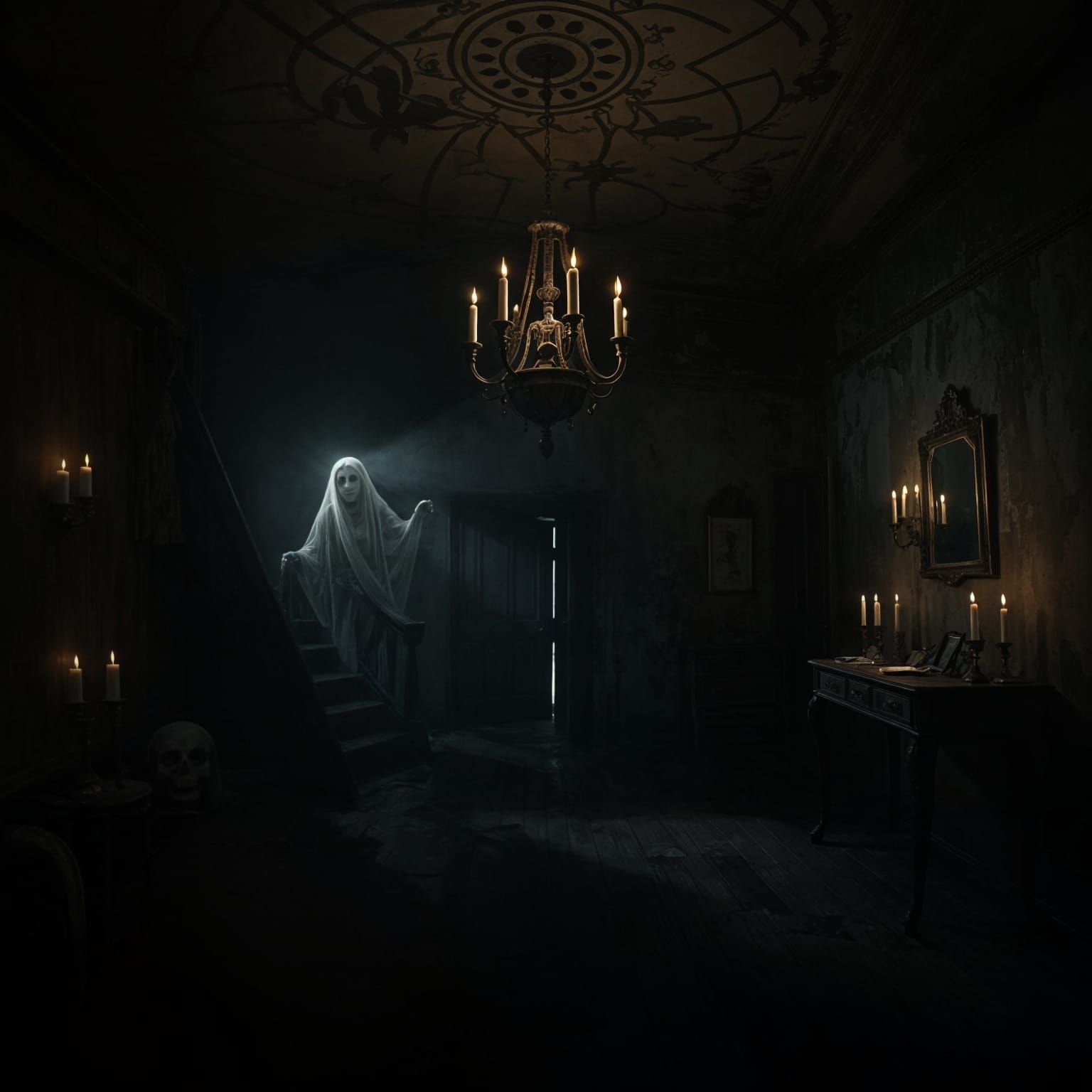 A haunted house interior filled with spooky details like dilapidated floorboards, ghostly apparitions, and flickering ca...