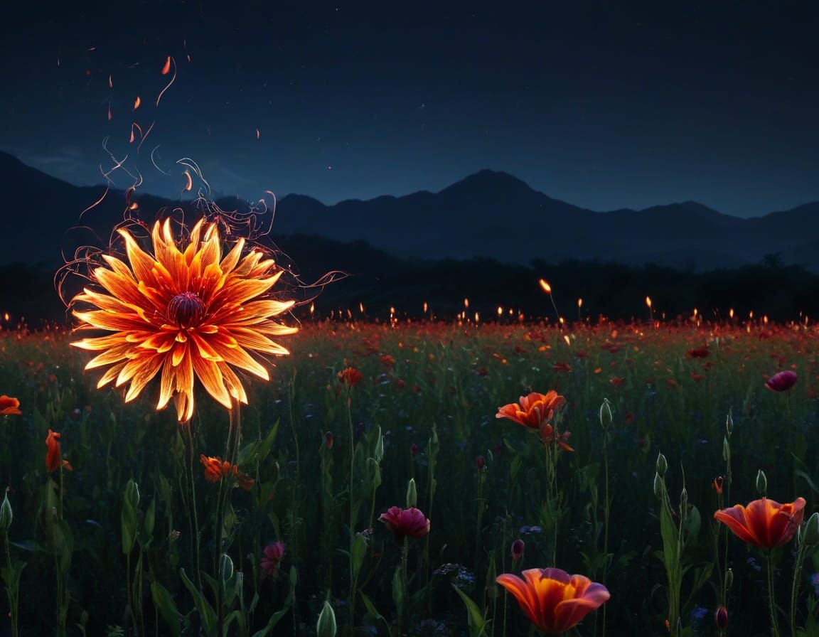 Moonlit Fire Flower in Full Bloom
