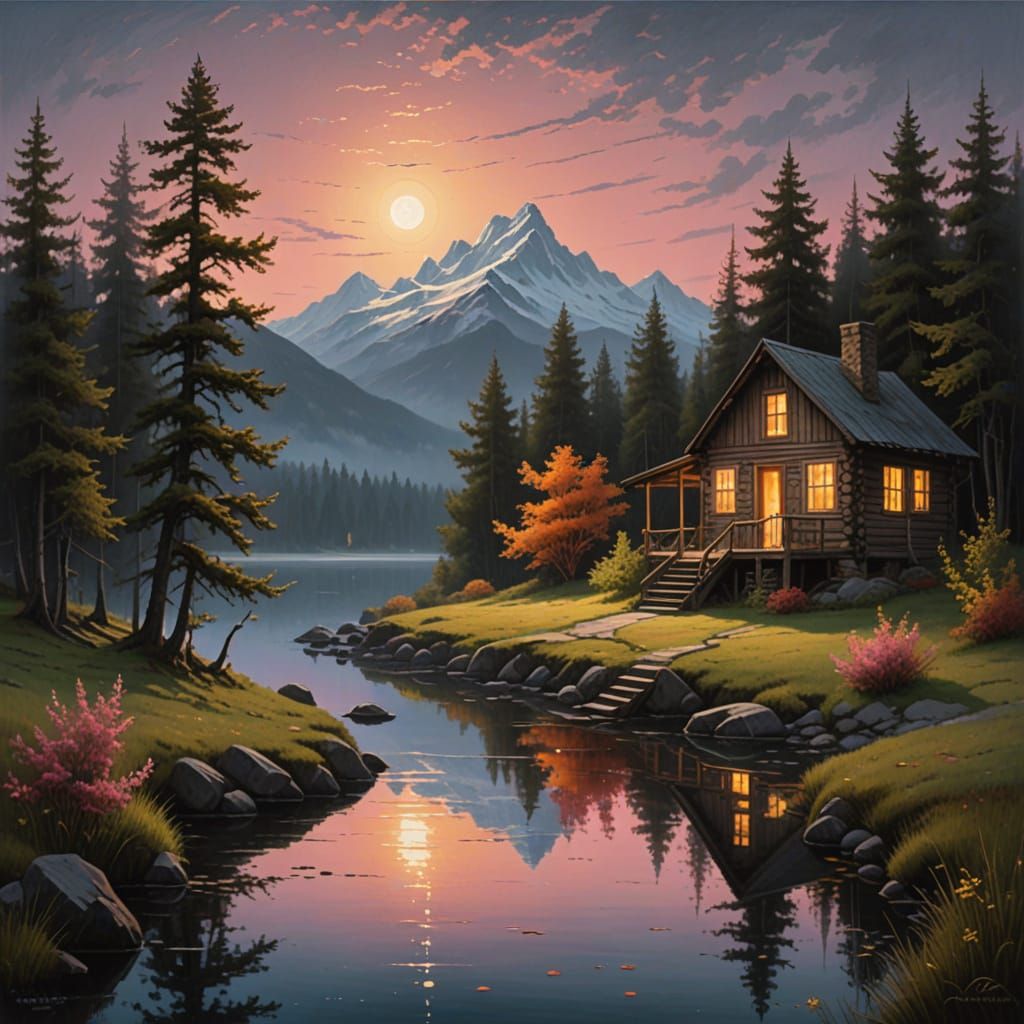 Rustic Cabin at Moonrise: Romantic Luminist Oil Painting