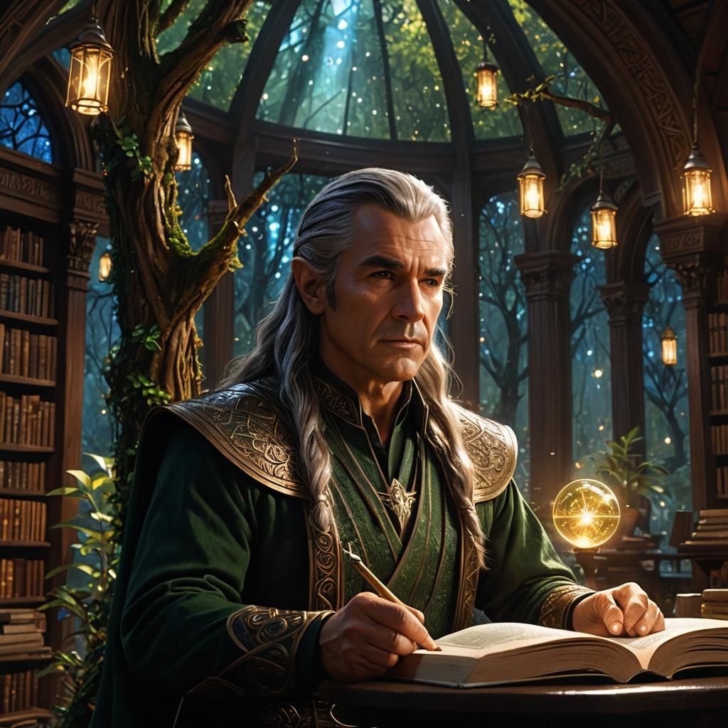 Elven Warrior Scholar in Living Tree Library