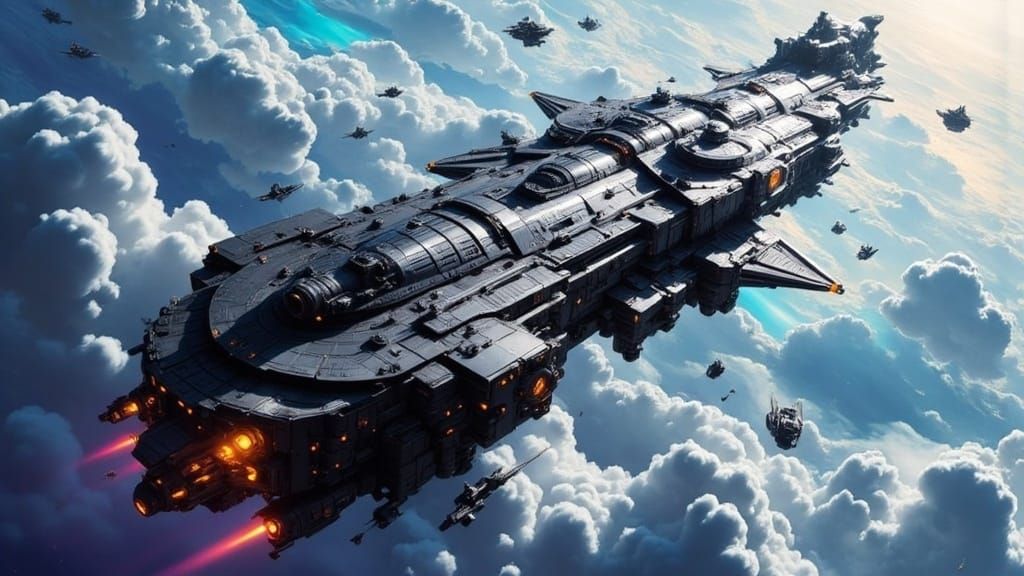 Cyborg Military Spaceship in Dark Purple Ringed Planet Syste...