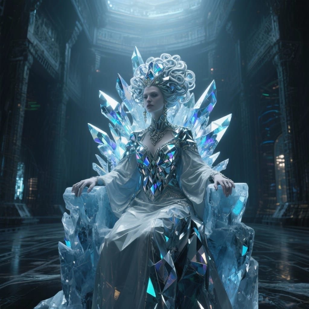Icy Empress with Crystalline Hair in Dark Fantasy Hall