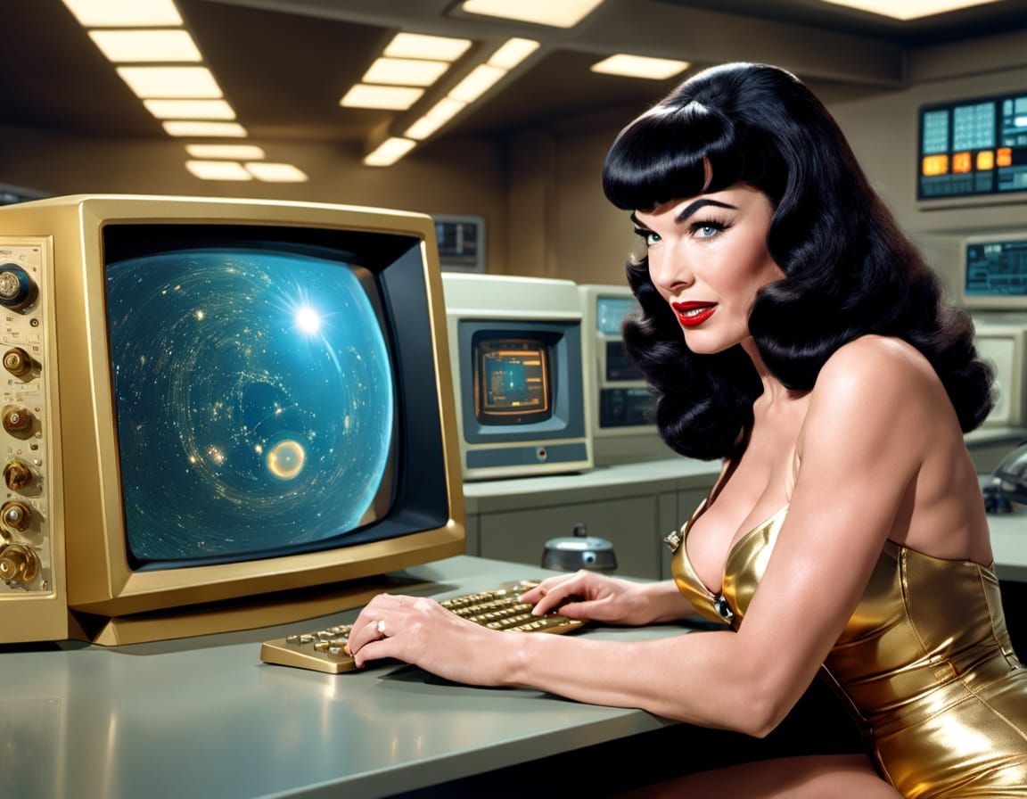 Retro Sci-Fi Lab: Golden Jumpsuit Data Analyst