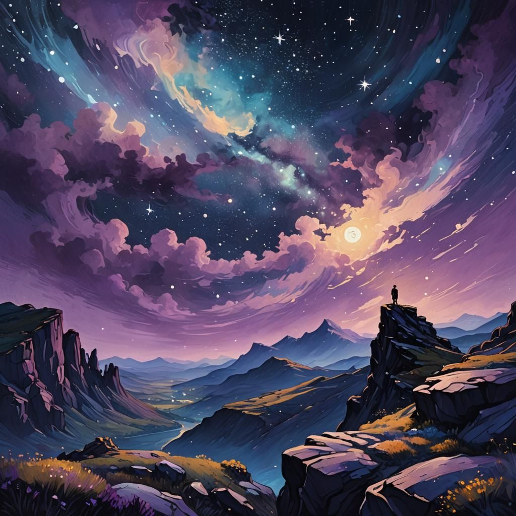 Dreamy Starry Night Landscape in Magical Realism