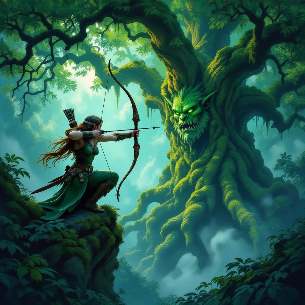 Ethereal Fantasy Scene: Elven Archer Aims at Menacing Orc in...