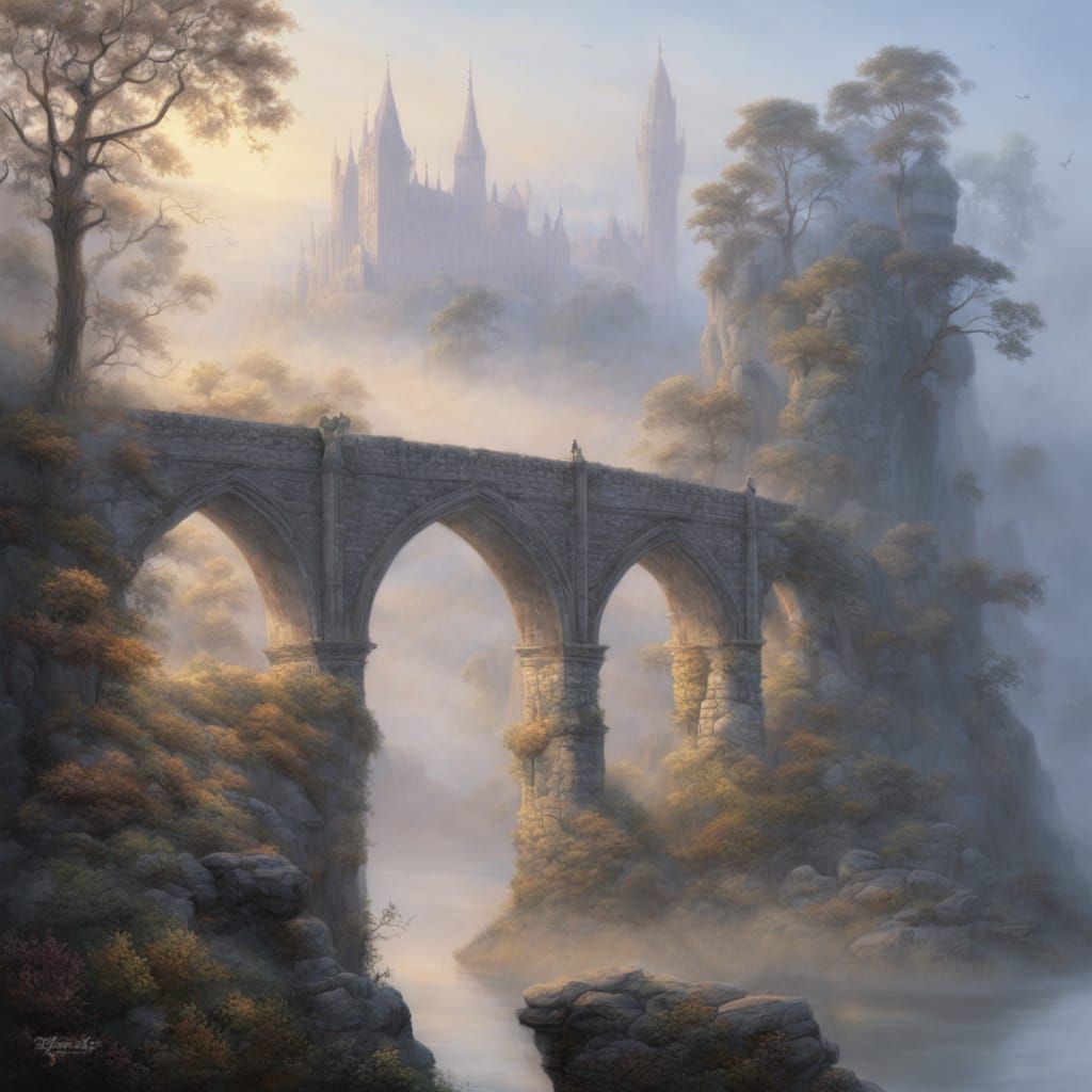 Gothic Stone Bridge in Morning Mist, Ancient Legends
