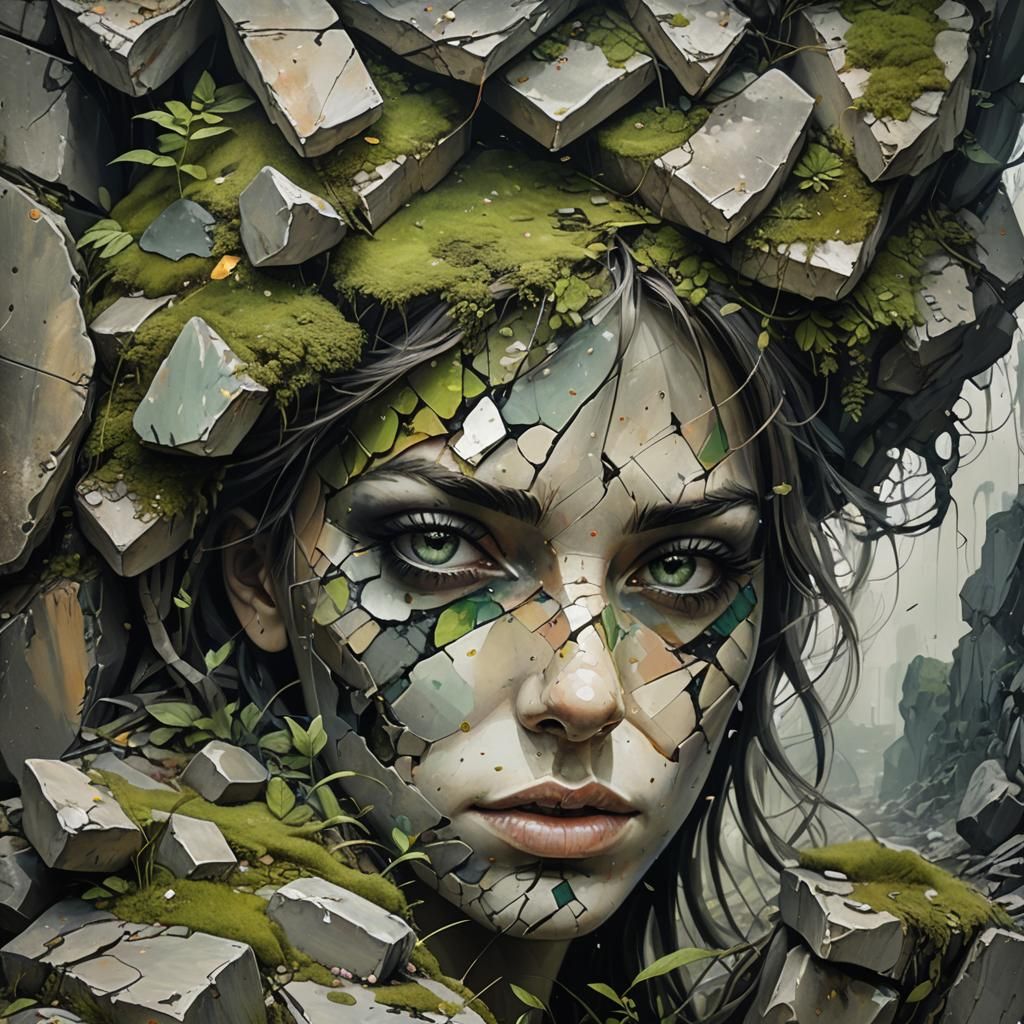 Surreal Jungle Overgrowth on Crumbling Stone