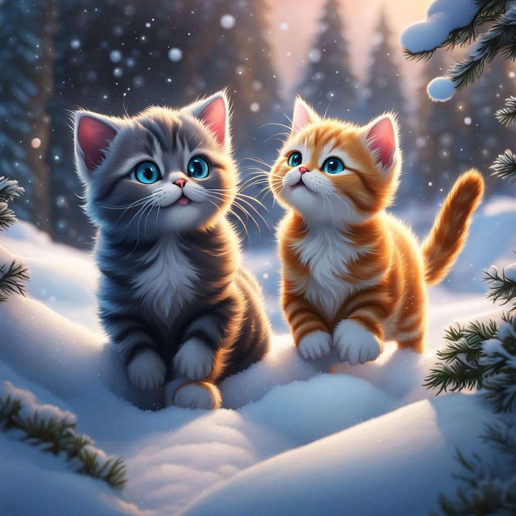 Two Cute Cats Playing in Snow, Digital Art
