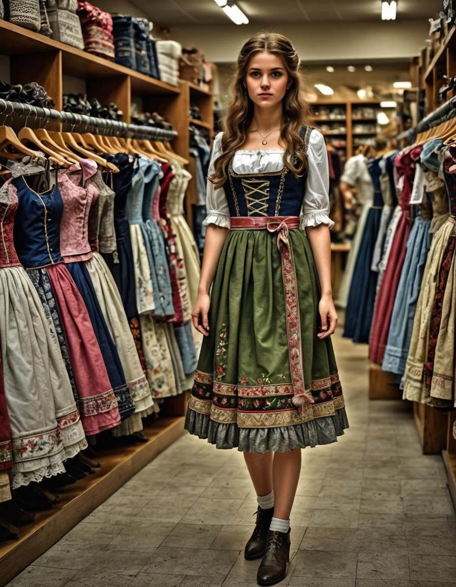 Young Woman Tries on Child's Dirndl Dress