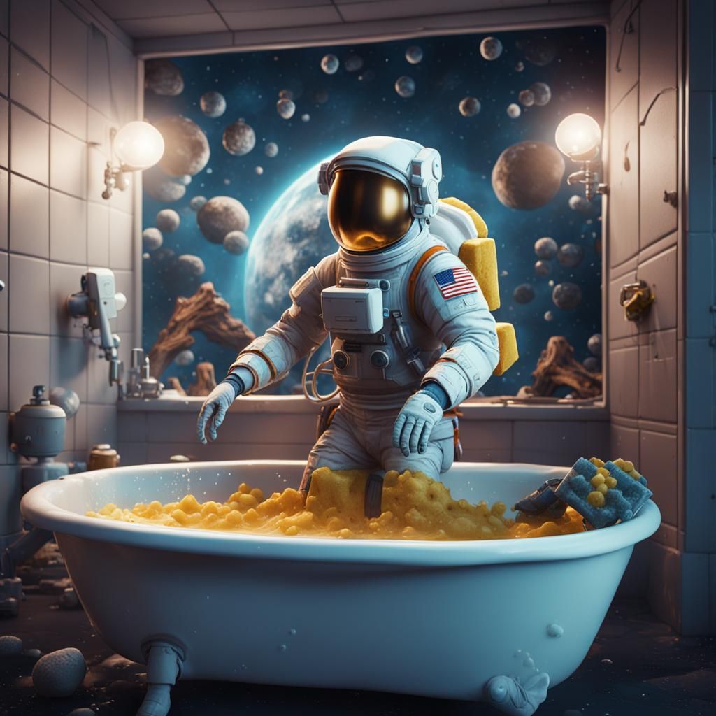 Astronaut Bathes in Bathtub: Detailed Matte Painting