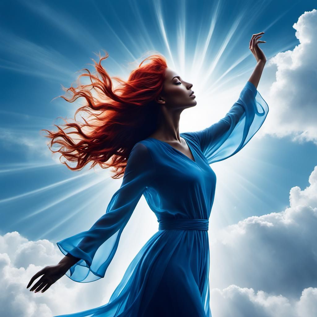 Surreal Red-Haired Silhouette with Celestial Sky