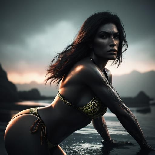 Hyperrealistic Planet Scene with Bikini Model