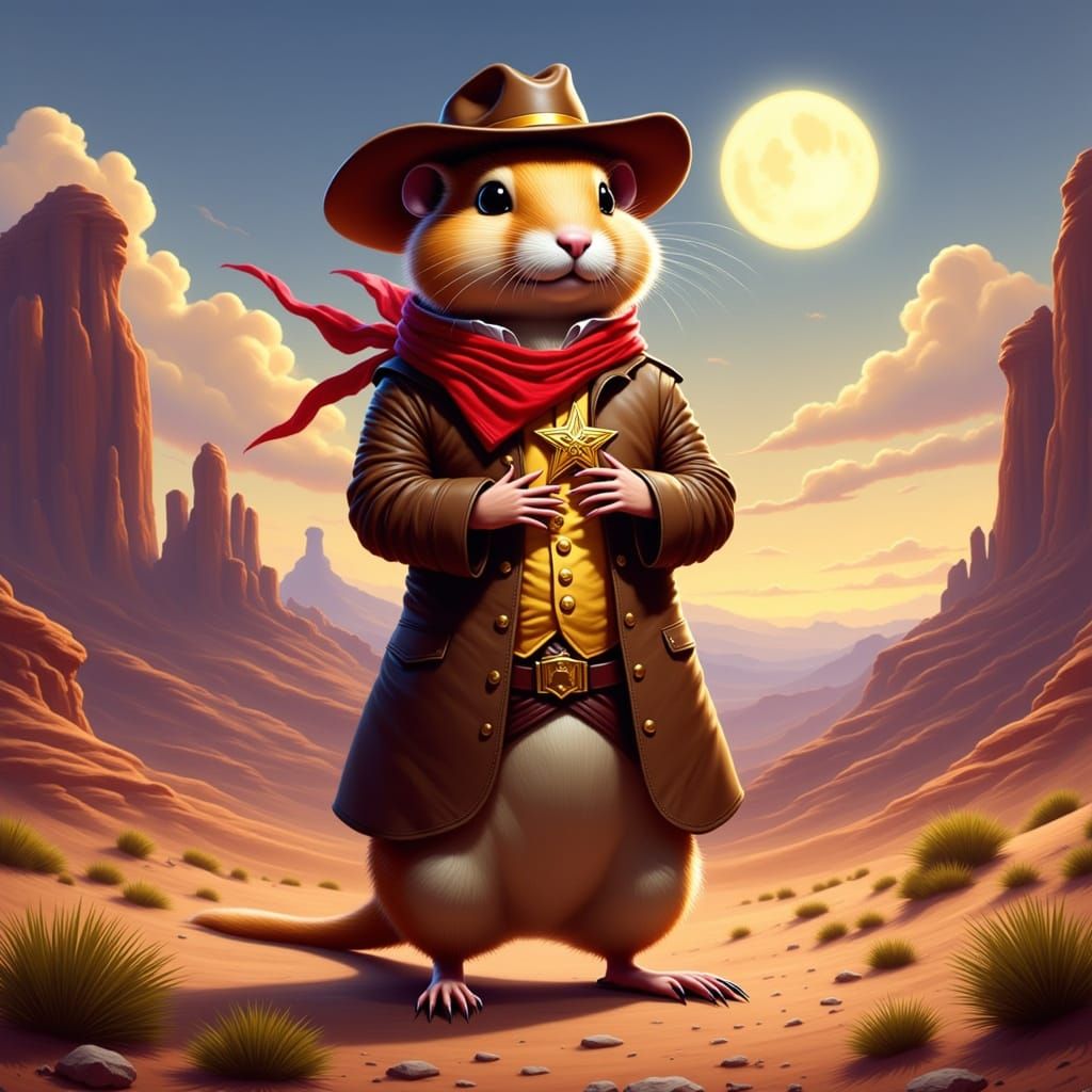 Rugged Prairie Dog Cowboy Stands Tall Under Desert Sunset