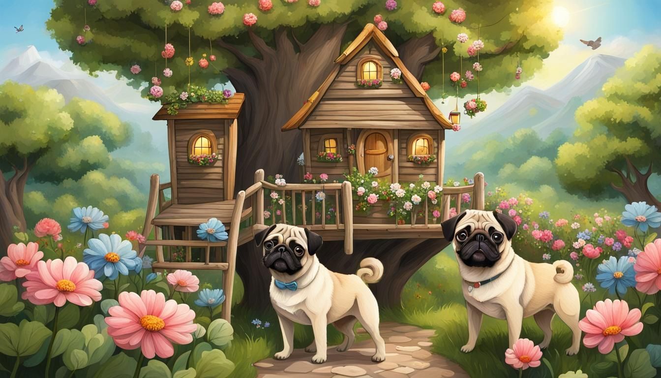 Pugs Discover a Floral Treehouse Pathway