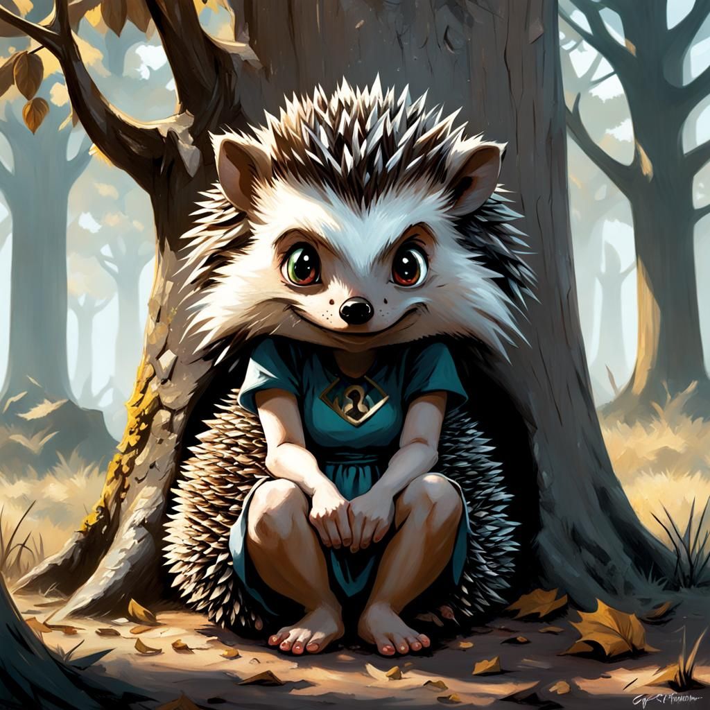 Hedgehog Girl Under Tree: Sinister Fantasy Art