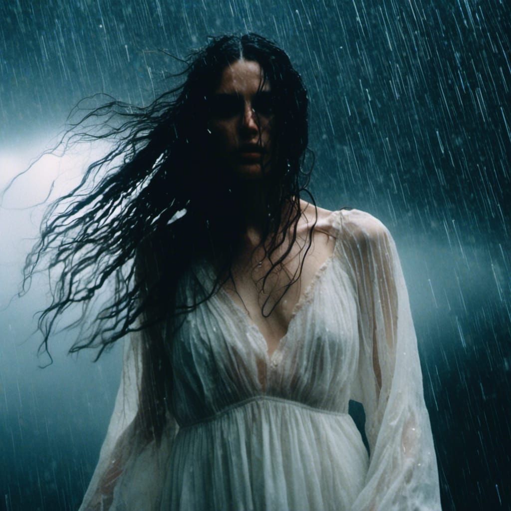 Ethereal Dark Portrait of Woman in Rain