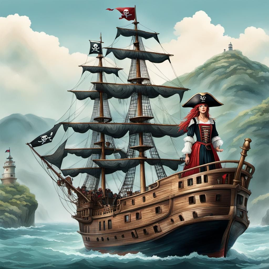 Pirate Lady on Ship in Wild Dress