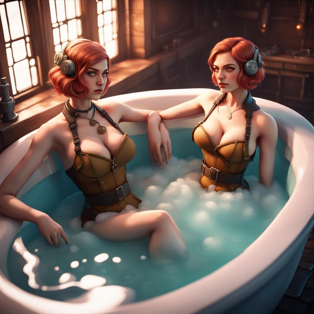 Dieselpunk Maidens Relaxing in Foamy Bathtub
