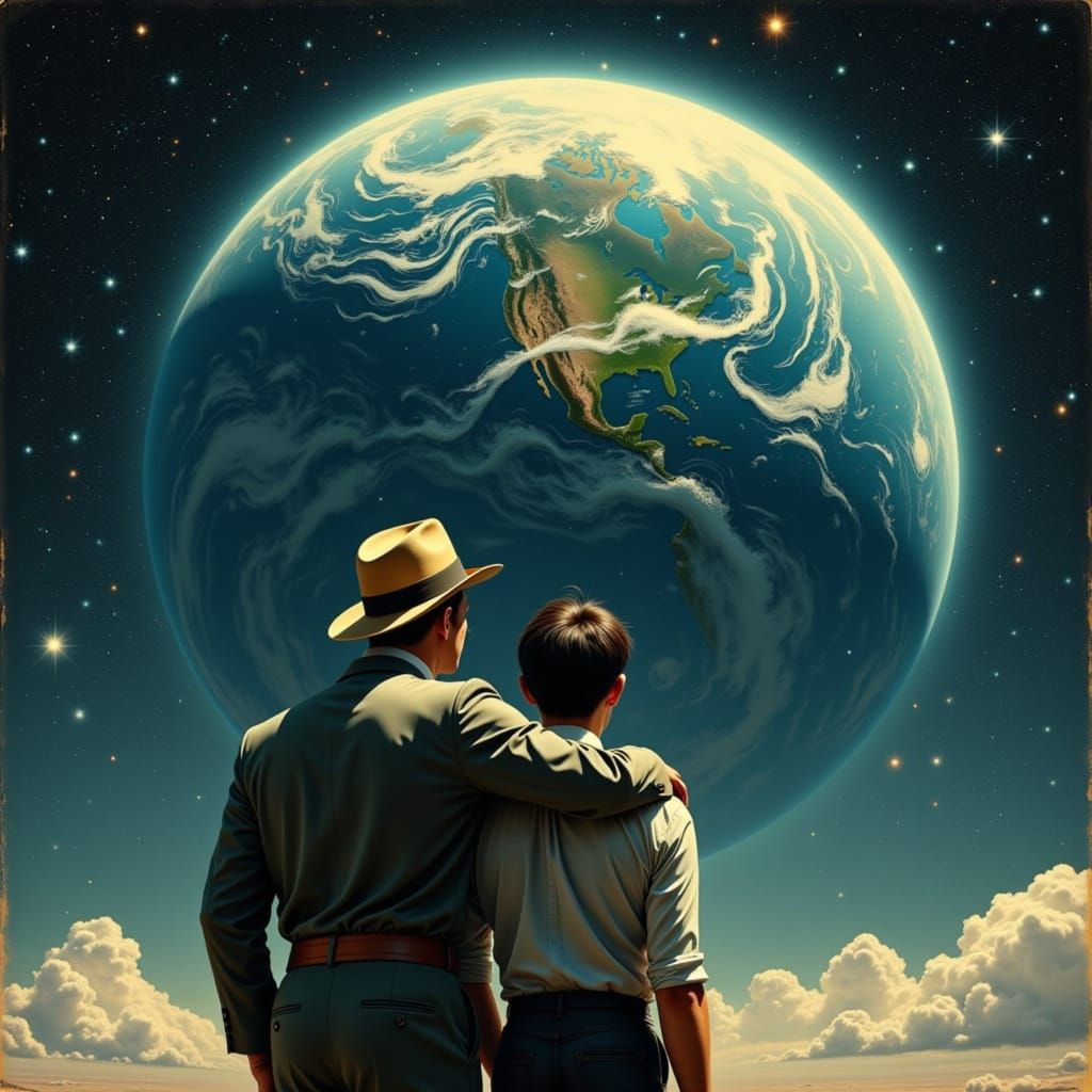 Men Gaze Awestruck at Vibrant Earth in Retrofuturism Style