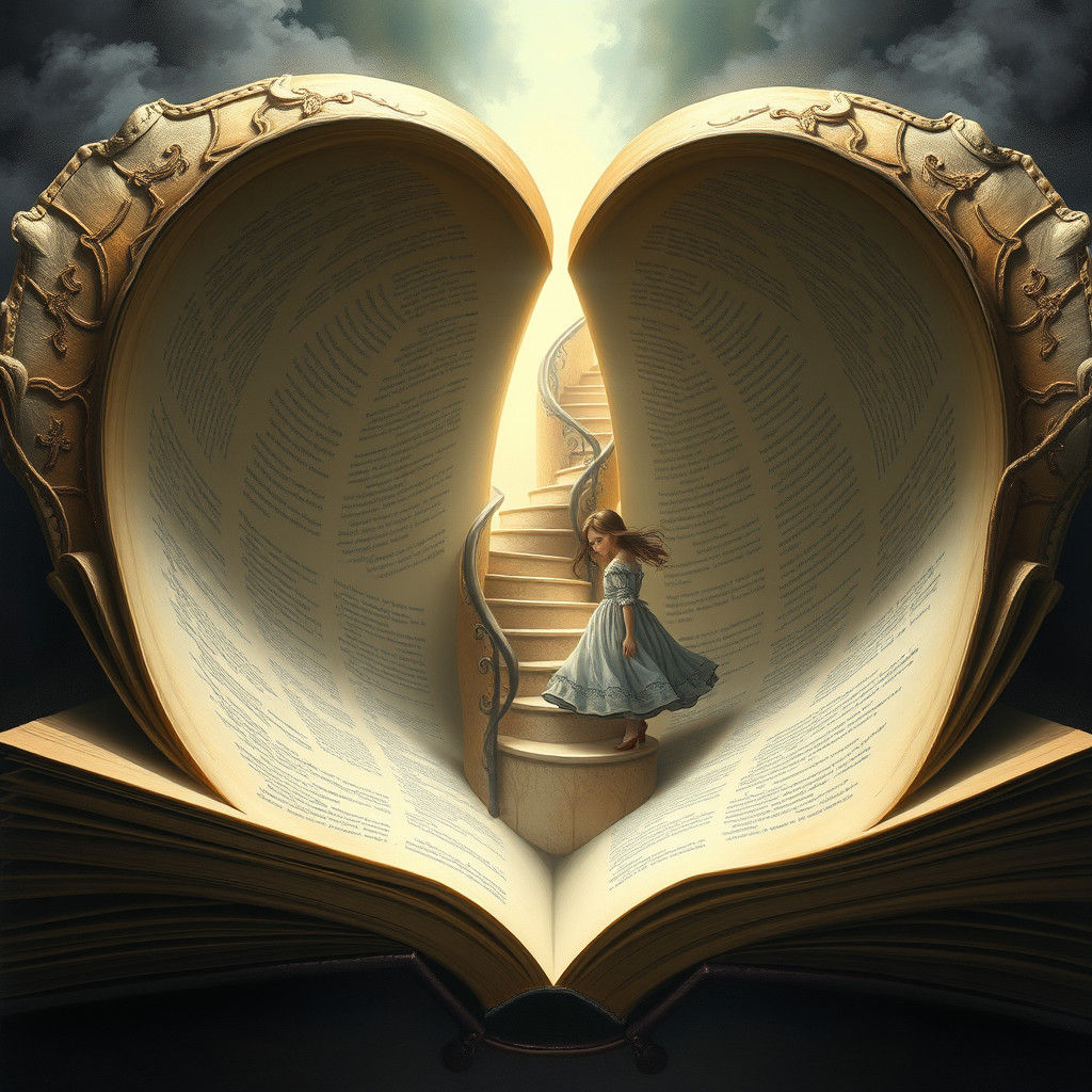 Girl Ascends Staircase Inside Gigantic Book as Oil Painting