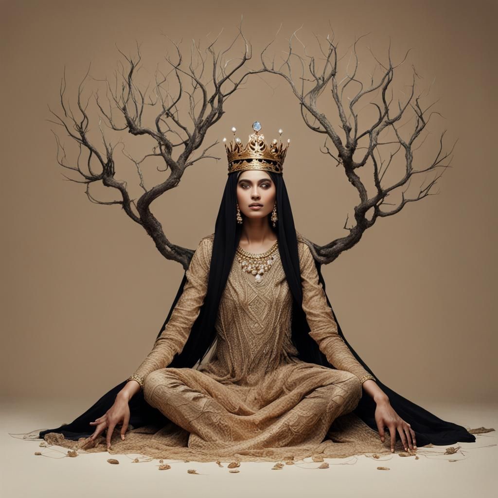 Surreal Tree Woman in Golden Dress