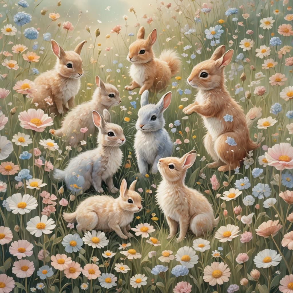 Baby Animals Playing in Flower Field, Soft Pastel Illustrati...