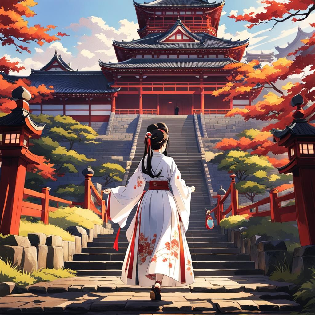 Girl Approaches Daimyo Castle in Anime Style