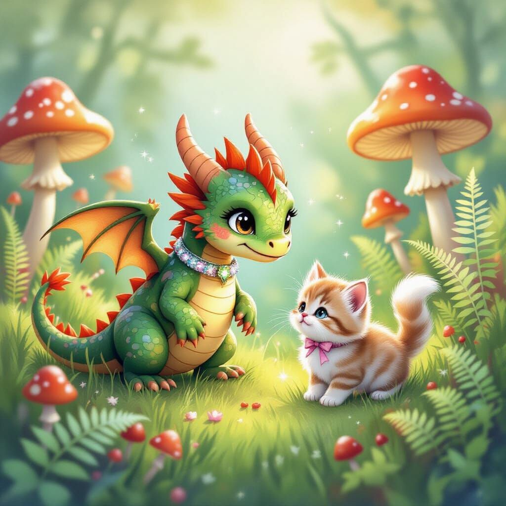 Baby Dragon and Kitten in Enchanted Field