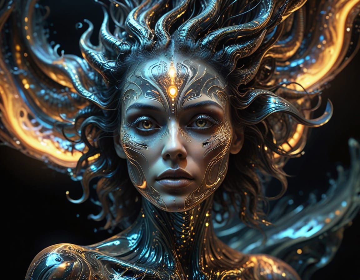 Abstract Woman Emitting Lights in Surreal Space