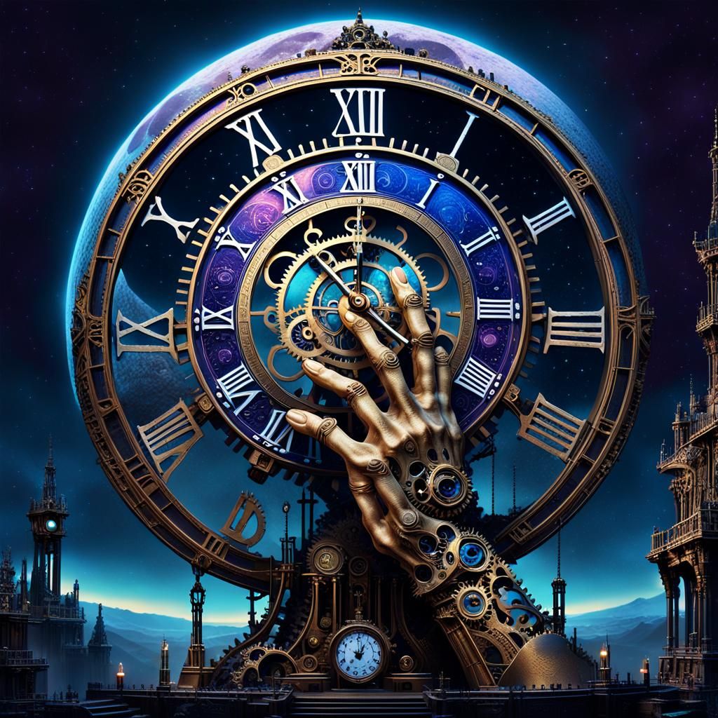 Clockwork Hand Praying Figure Under Moon in Fantasy Art