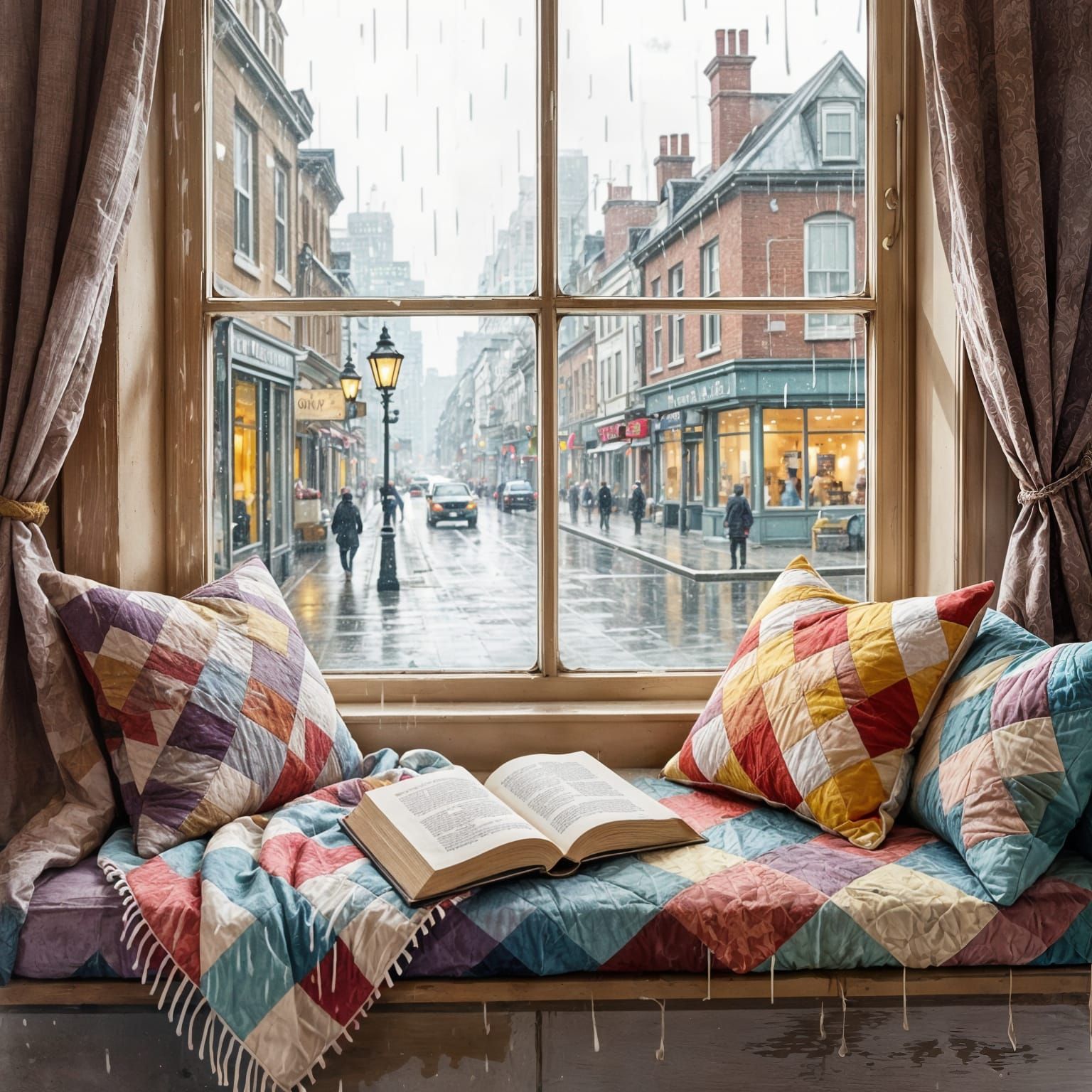 Cozy Rainy Day Window Seat in Impressionistic Style