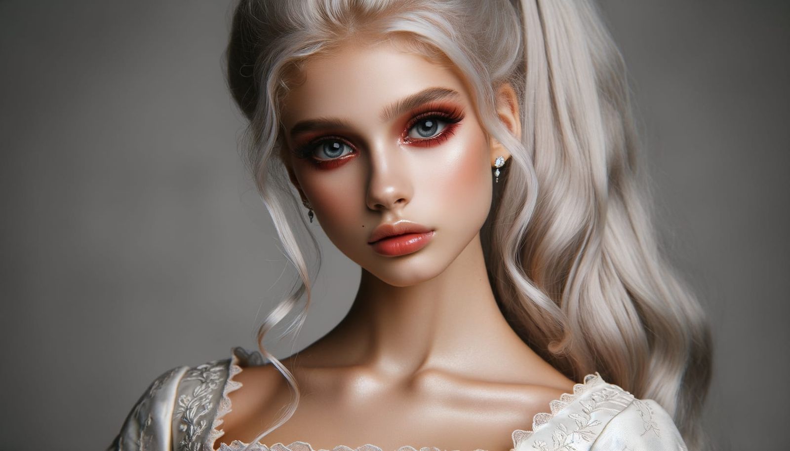 Aristocratic Girl with Ponytail and Red Eyeshadow