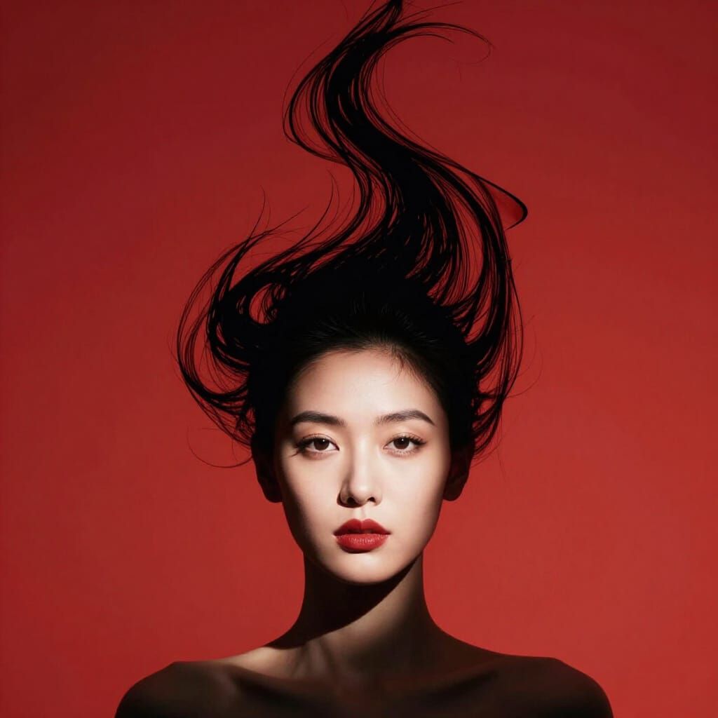 Woman's Dramatic Portrait with Ink-Like Hair