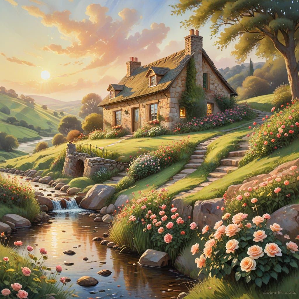 Impressionist Watercolor Cottage Above Rose-Lined Stream