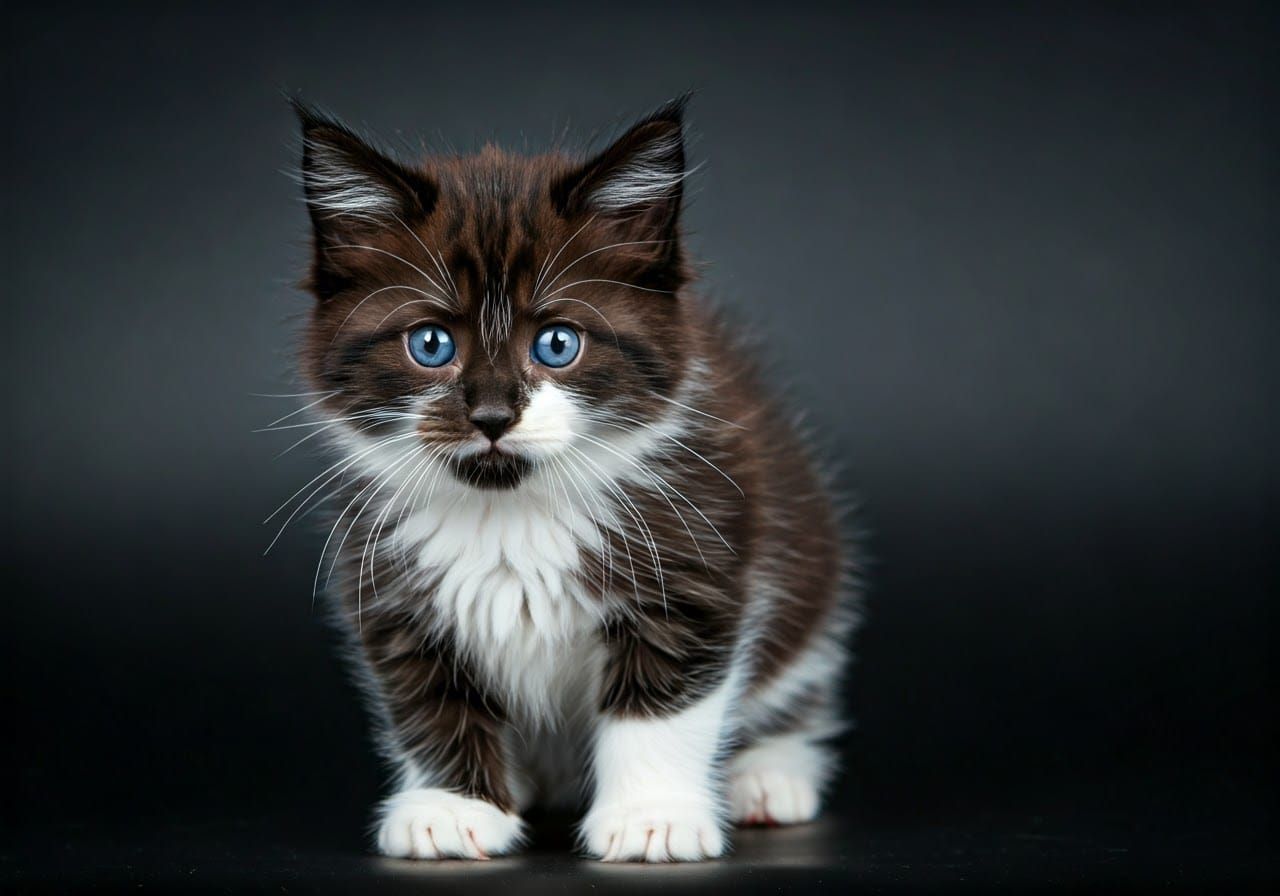 Furry Black and White Kitten with Bright Blue Eyes