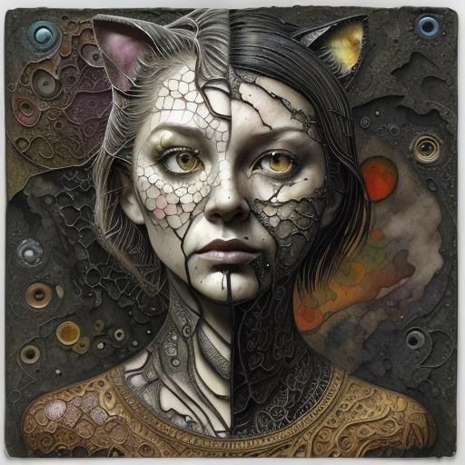 Multi-Layered Cat Portrait in Mixed Media Style