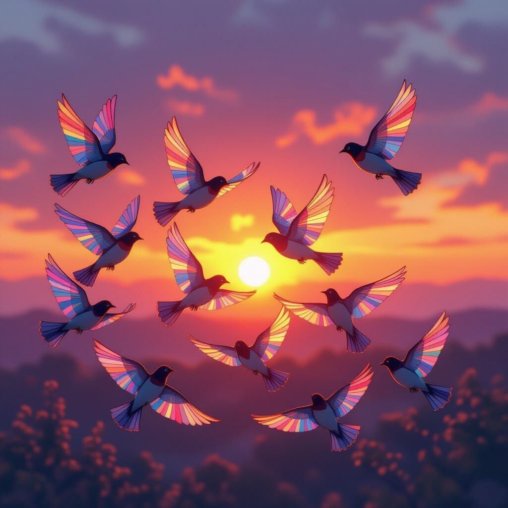 Stained Glass Birds Fly Through Sunset Sky