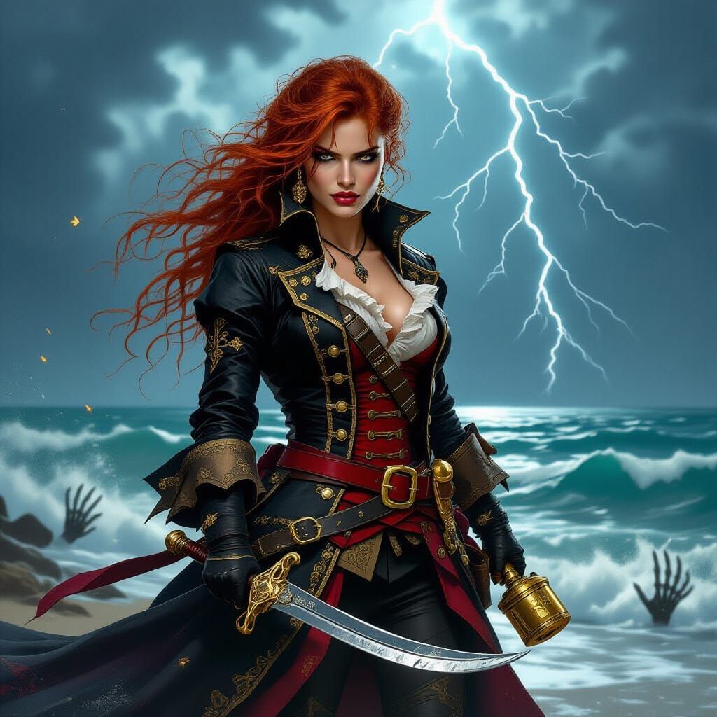Fierce Scarlet Pirate Captain on Stormy Shoreline